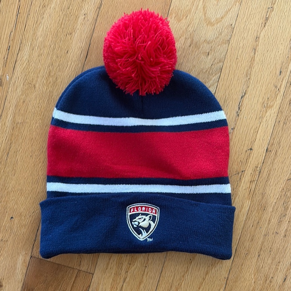 Florida Panthers Striped Beanie with Pom excellent condition